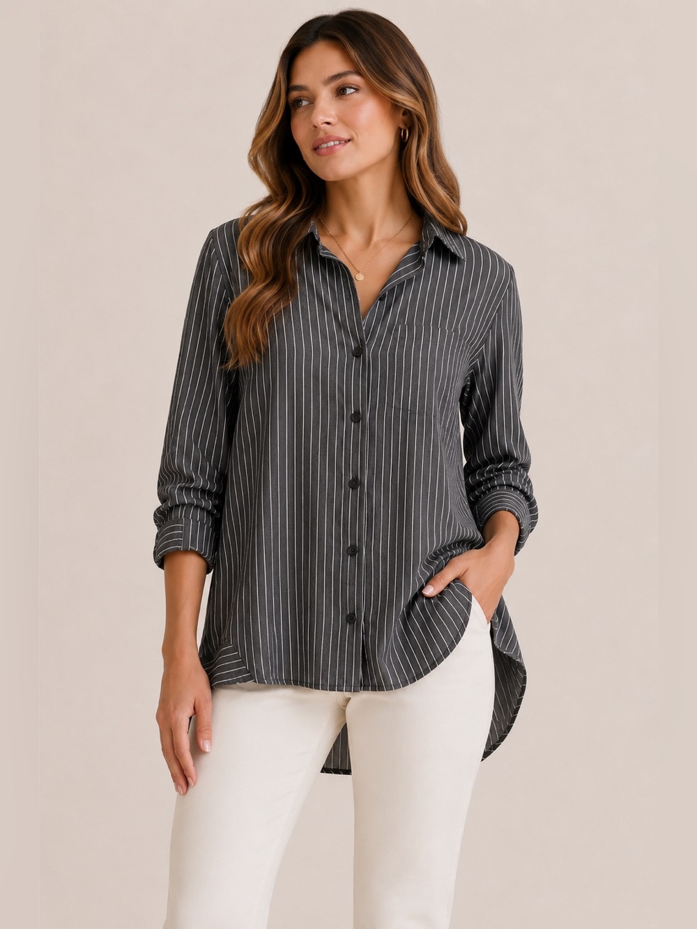 Max Studio Black & White Striped Button Down Blouse NWT Size Small High-Low Hem